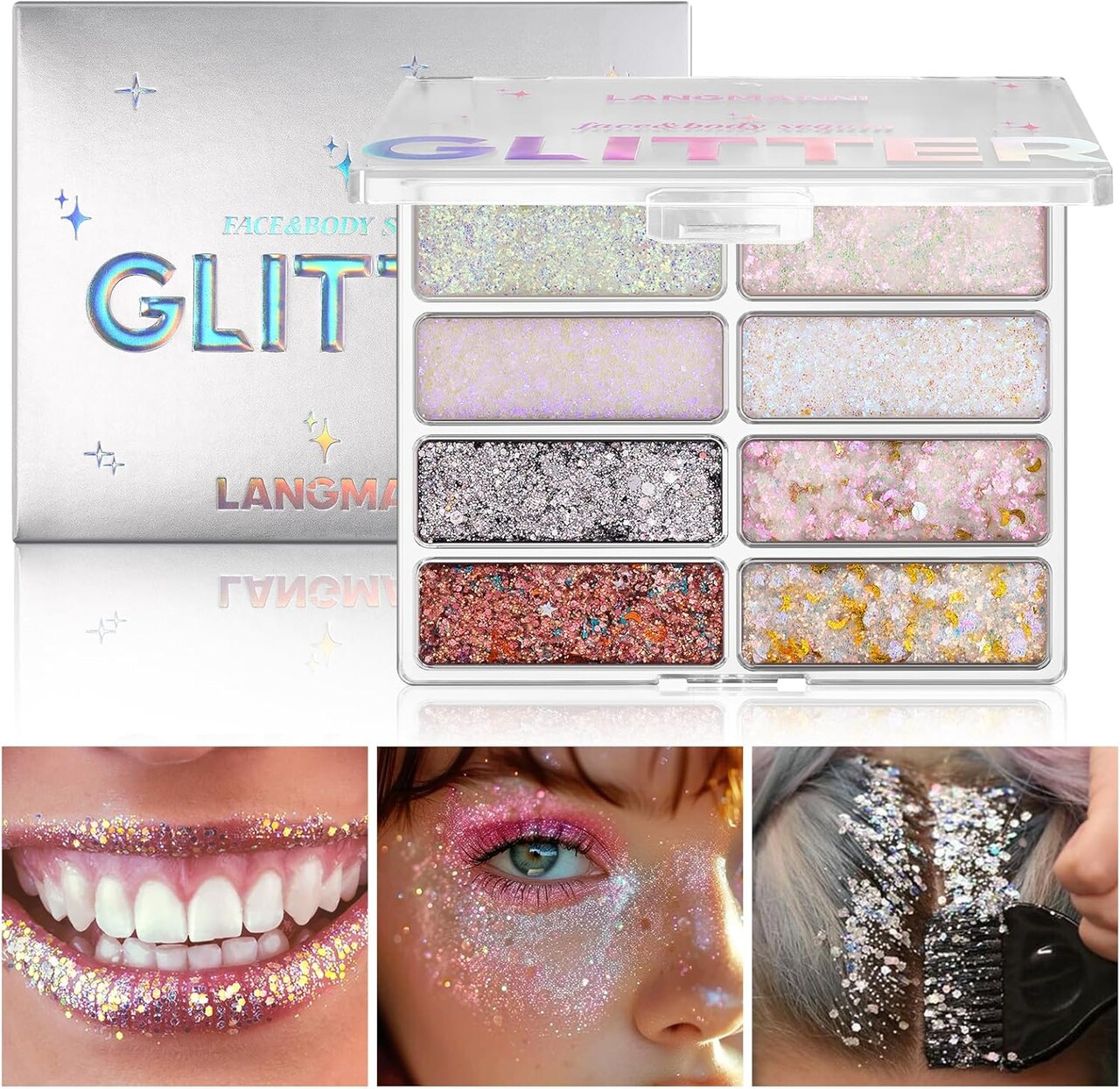 8 Colors Face & Body Glitter Palette - Holographic Changing Sparkling Mermaid Sequins for Women Girls Music Festival Party Rave Makeup(#A)